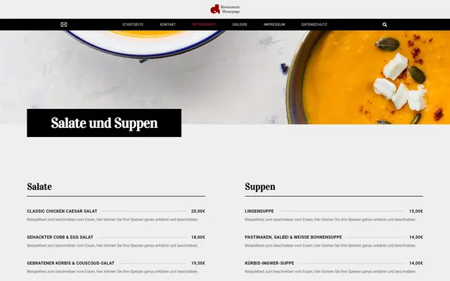 Demoseite: Online-Speisekarte mit Kategorien und Preisen